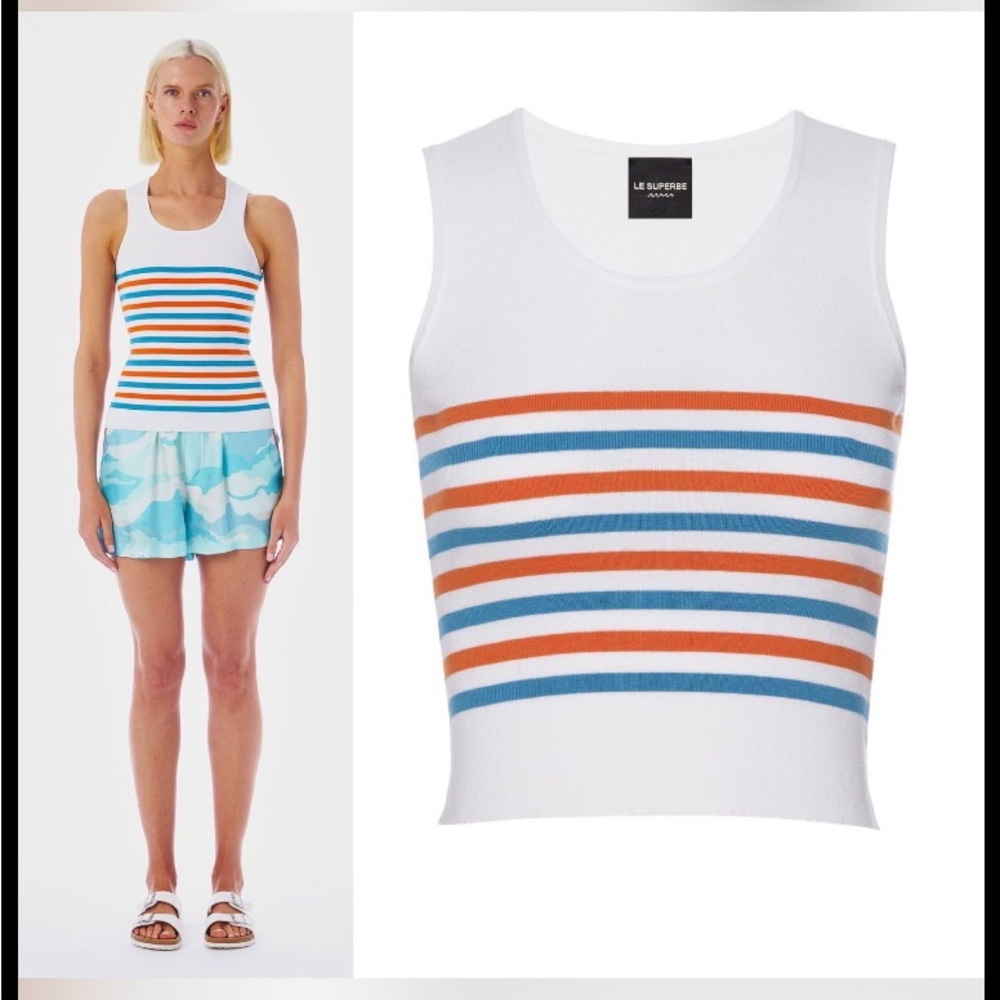 Le Superbe Tanks a Lot Striped White, Orange & Teal Tank Top NWT